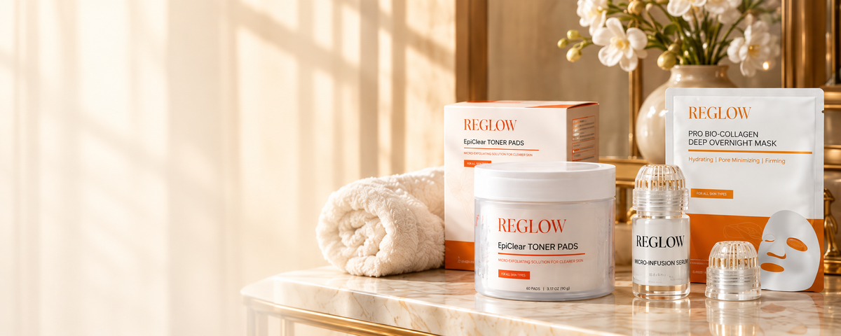 ReGlow skincare and micro-infusion products on a sunlit marble vanity with orchids and an ivory towel