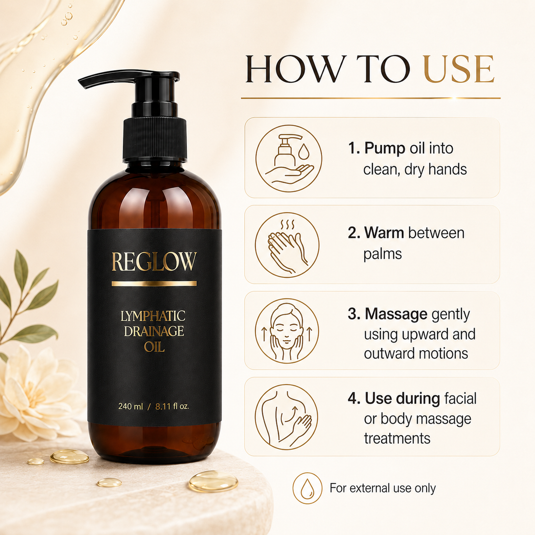 How to use ReGlow Lymphatic Drainage Massage Oil in four steps