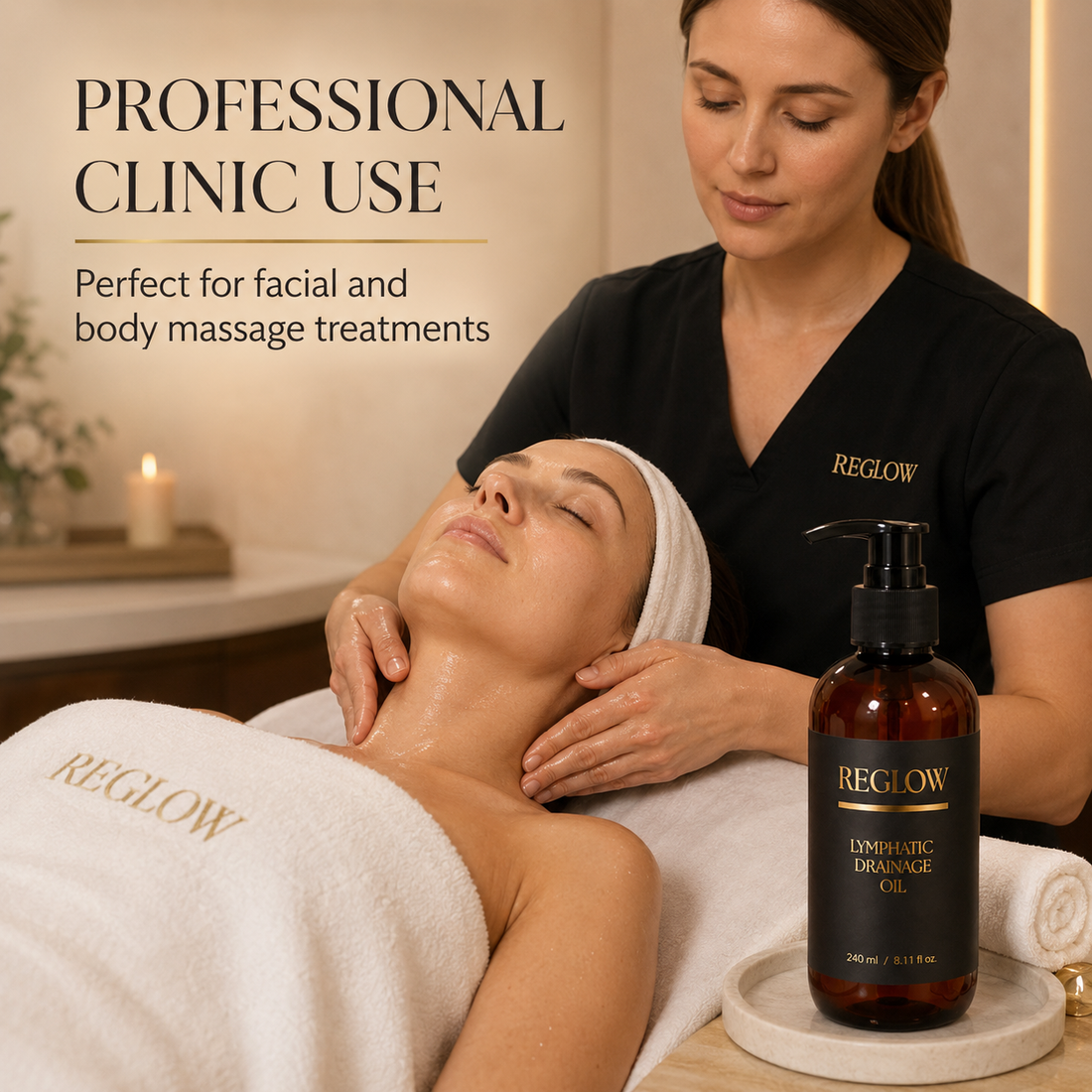 ReGlow professional clinic use of Lymphatic Drainage Massage Oil during a facial and neck massage