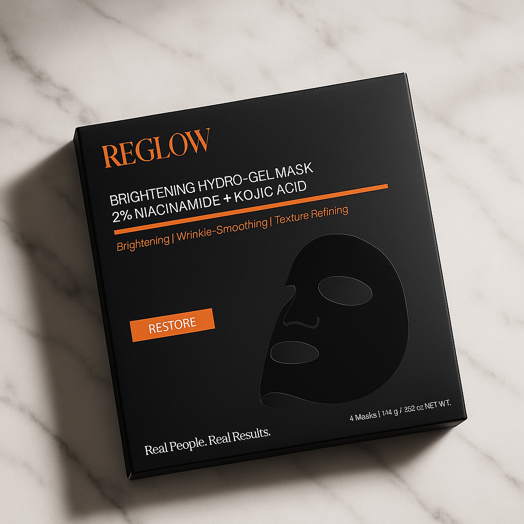 ReGlow Brightening Hydro-Gel Mask packaging in a skincare setting