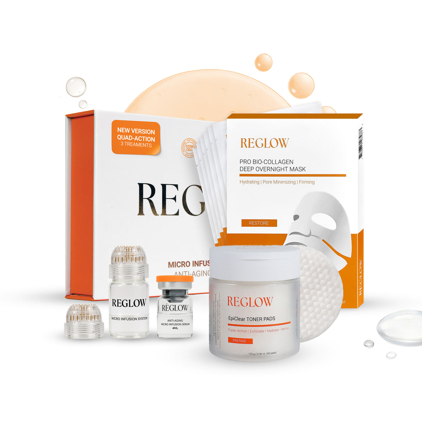 ReGlow Clinic Basic Bundle with Micro-Infusion System, EpiClear Toner Pads and Bio-Collagen Overnight Masks