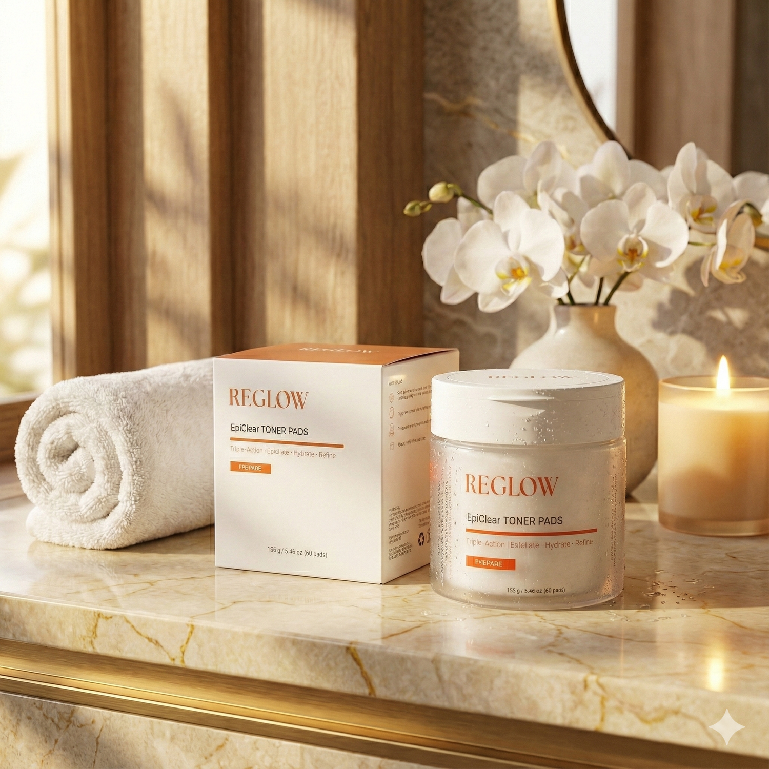 ReGlow EpiClear Toner Pads displayed in a skincare setting