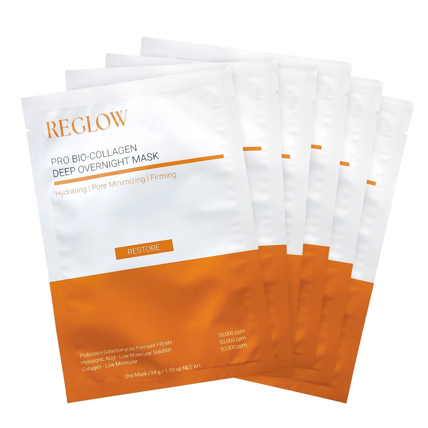Six individually sealed ReGlow Bio-Collagen Overnight Masks